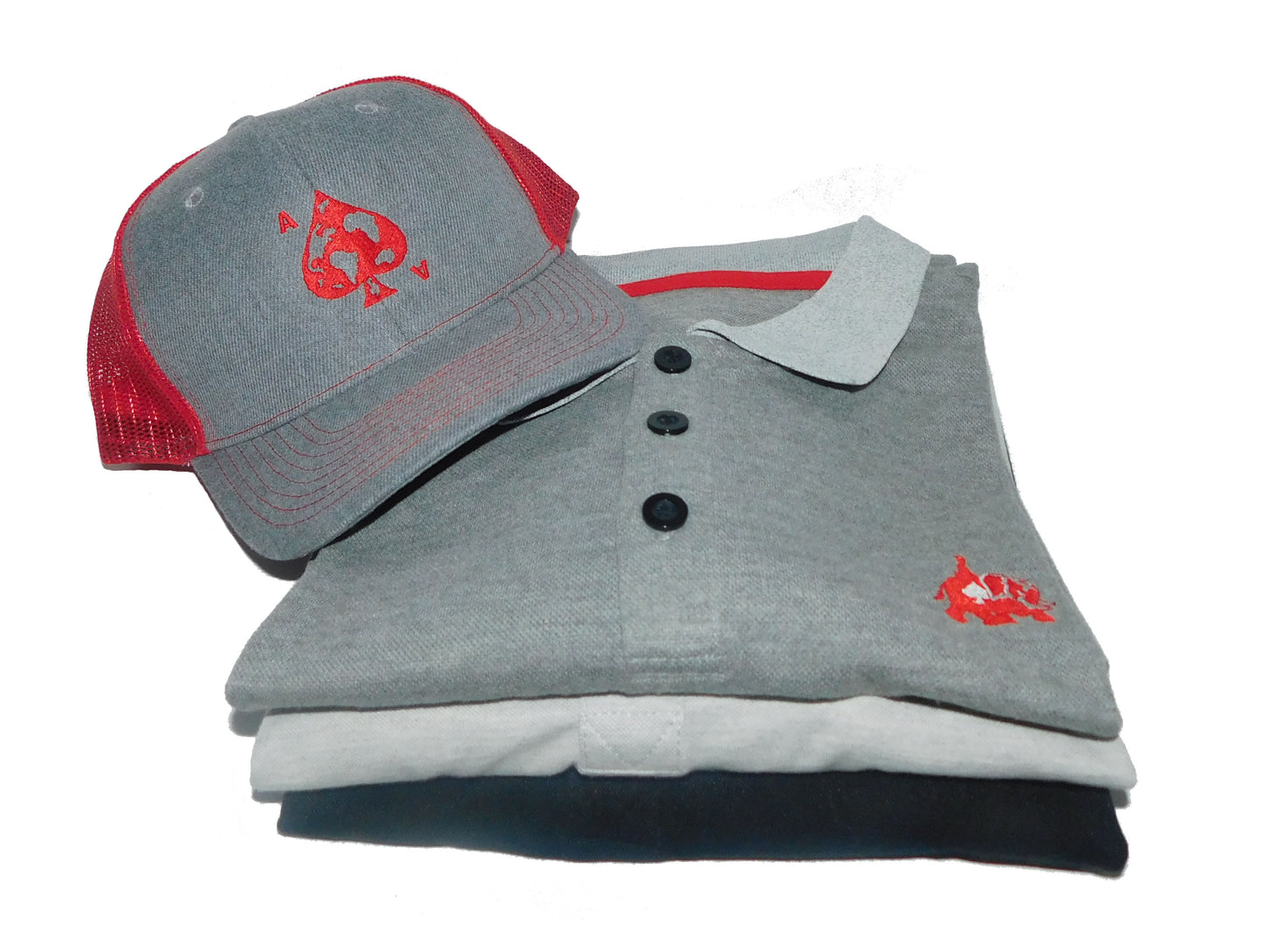Gray with red polo
